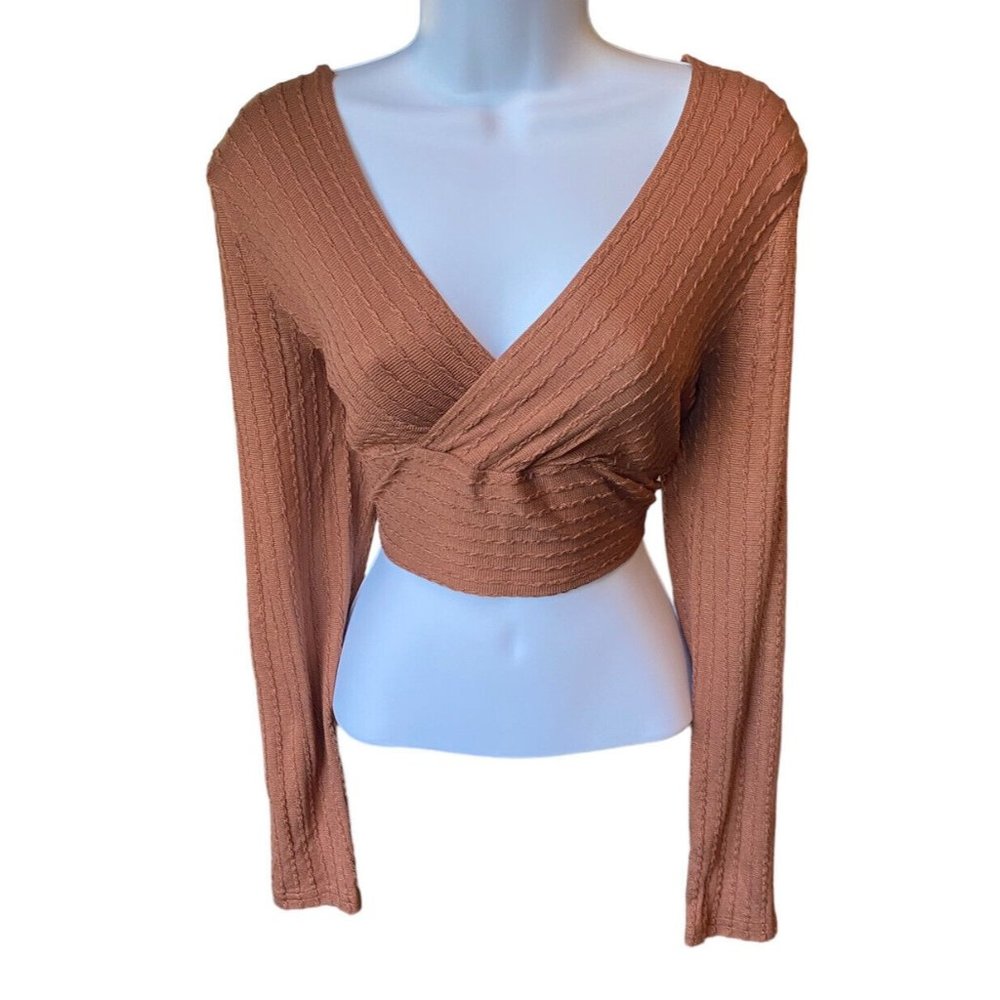 Shein Shirt Women's Large Long Sleeve Crop Front Wrap Stretchy Brown Top V Neck